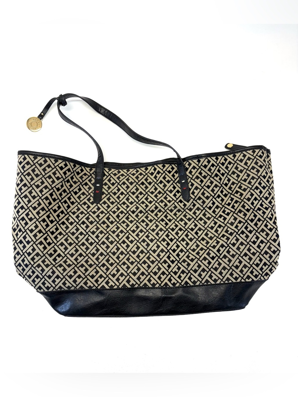 Tommy Hilfiger 2015 Monogram Jacquard Large Shopper Tote Bag Black Beige